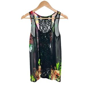 i Jeans by Buffalo Sheer Lace Blouse Size Small Sleeveless Black Colorful Floral